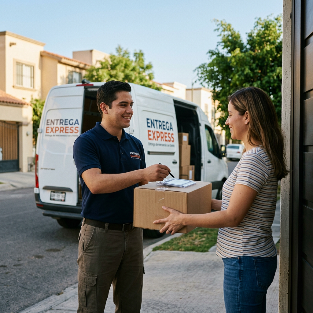 Delivery courier handing a package to a smiling woman at her home