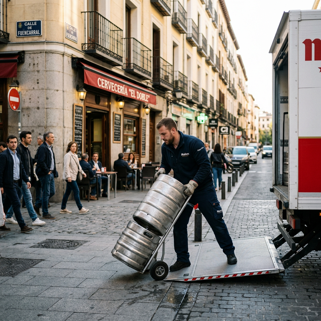 Worker unloading metal beer kegs with a hand truck on a city street near a cervecería