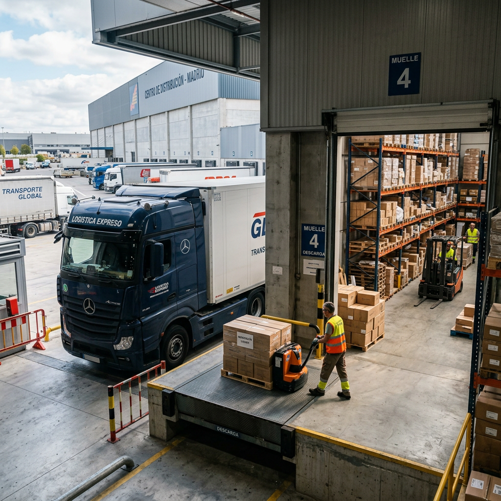 Warehouse dock with worker moving pallets and forklift in aisle near trucks