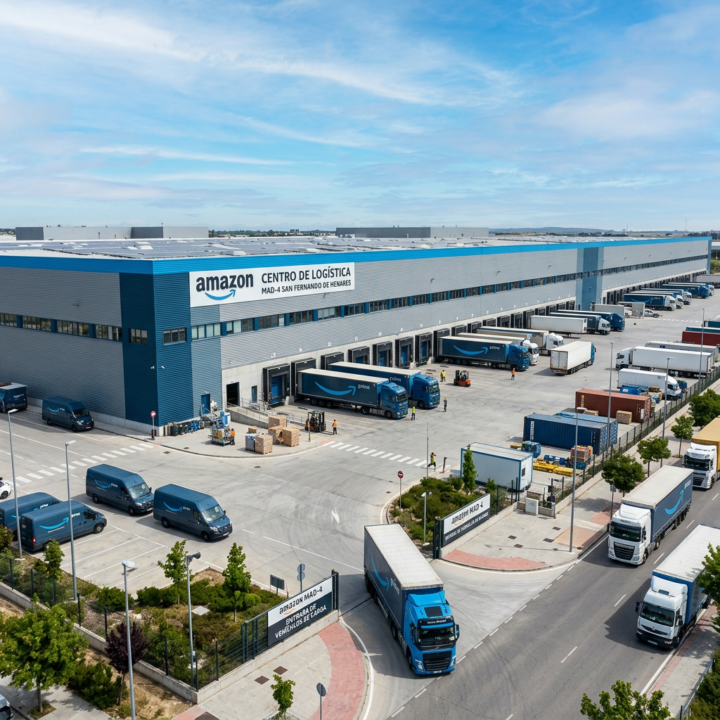 Large Amazon logistics warehouse with multiple delivery trucks and vans loading and unloading.