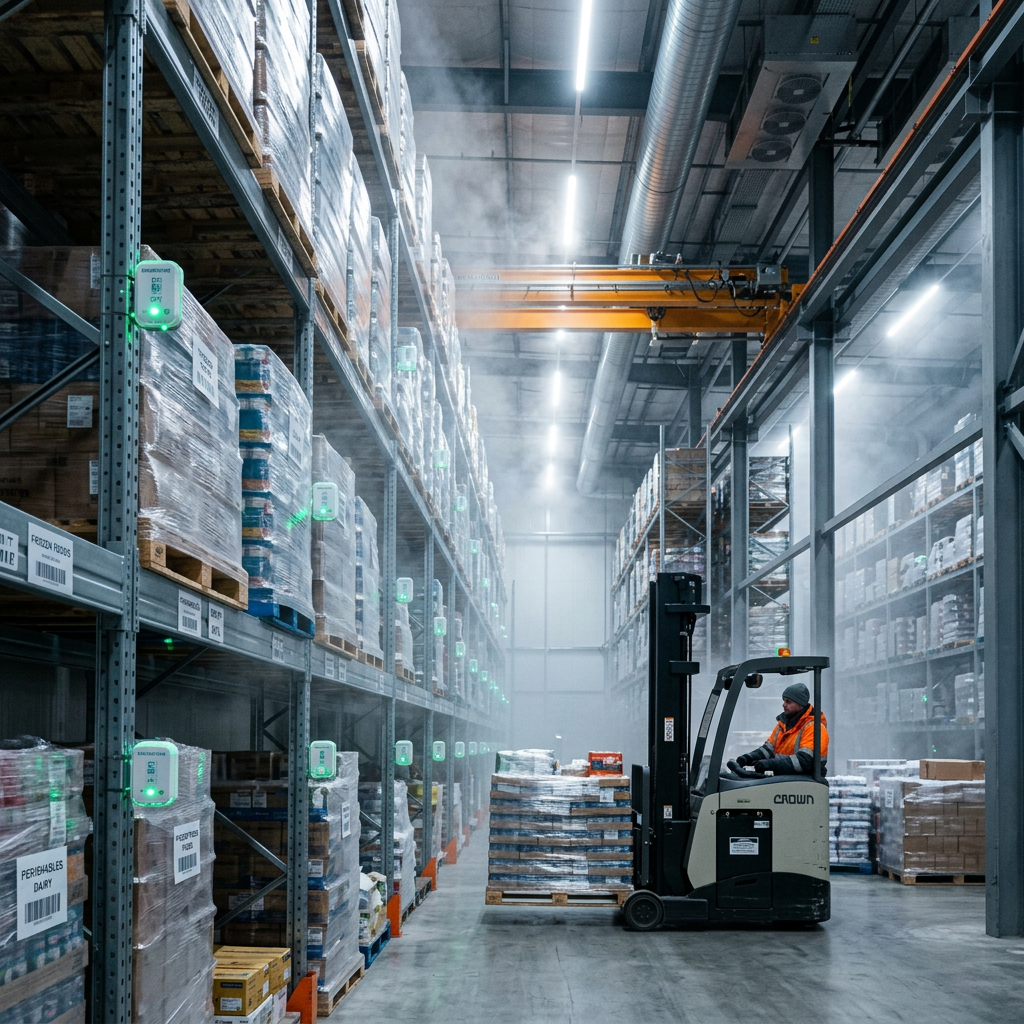 Forklift moving pallets in a refrigerated warehouse with temperature sensors and mist