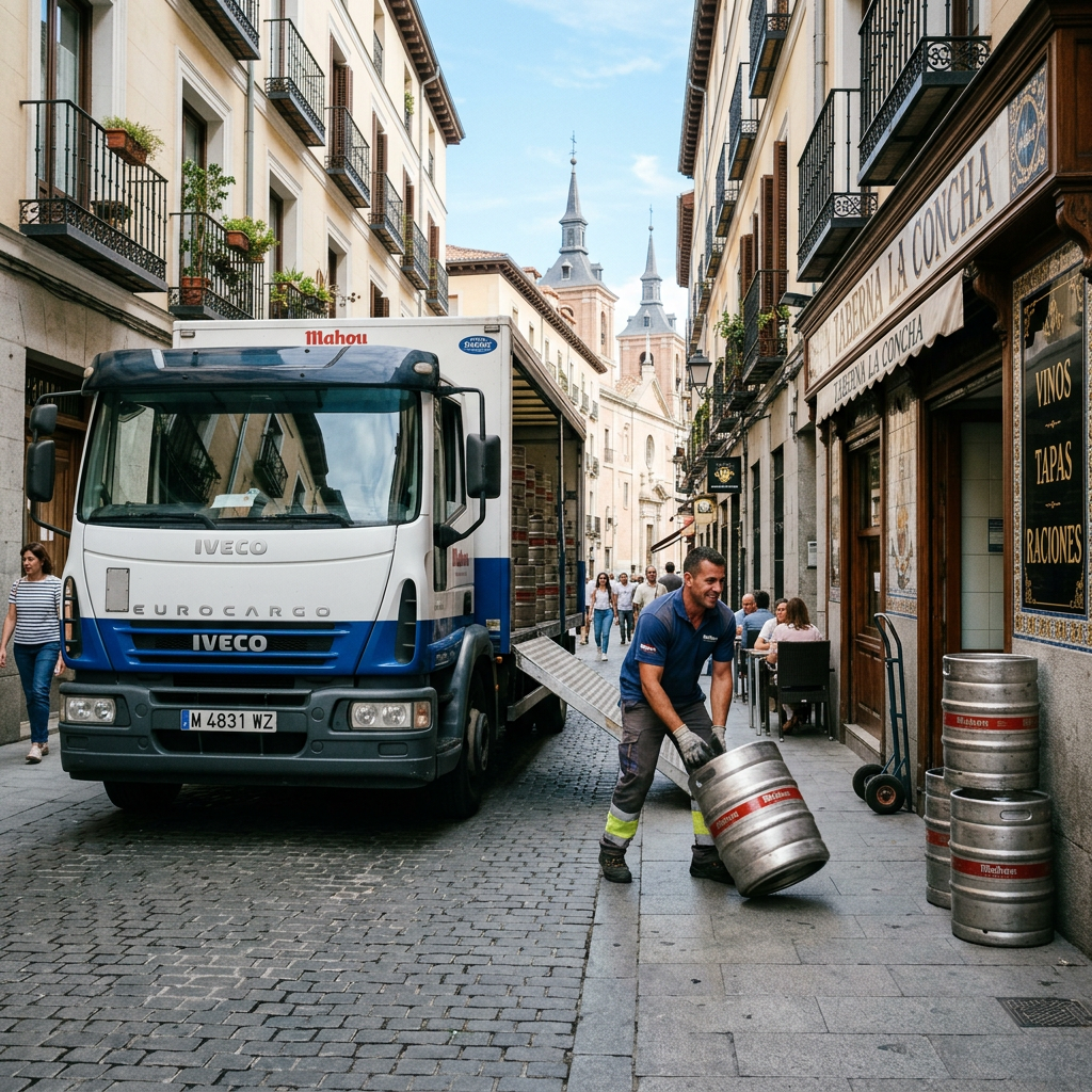 Delivery worker moving beer kegs near a truck by a tapas bar in a European street
