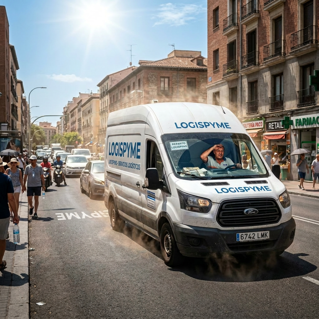 White delivery van with DUM logo on city street surrounded by pedestrians and vehicles
