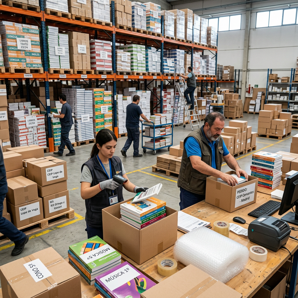 Warehouse workers packing books into boxes labeled with school and order names