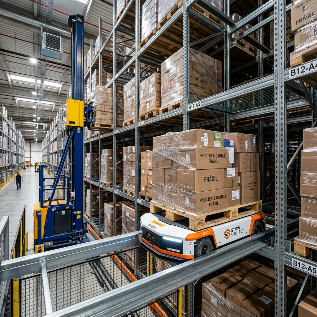 Automated shuttle carrying wrapped Procter & Gamble pallets in a warehouse