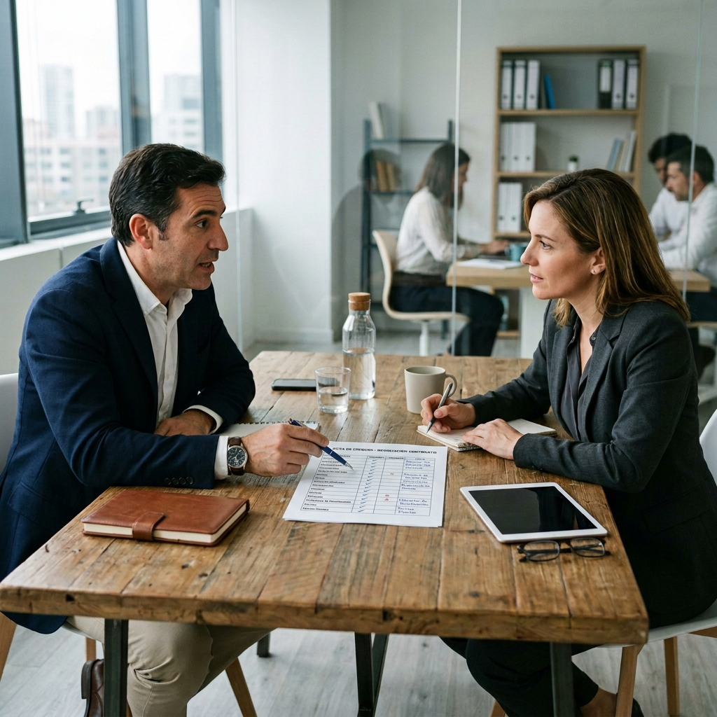 Two professionals reviewing a Spanish negotiation checklist at an office table