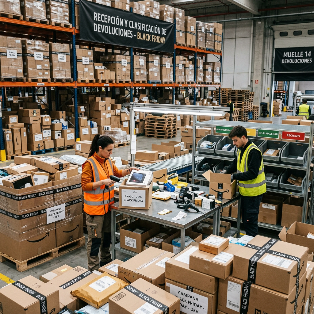 Warehouse workers processing Black Friday returns beside conveyor belts and stacked packages